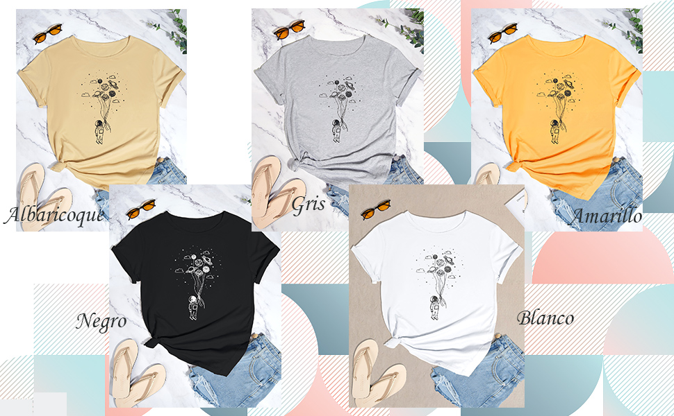 Camisetas de Mujer Mangas Cortas Verano Casual Camiseta Patrón de Astronauta y Planeta T-Shirt 