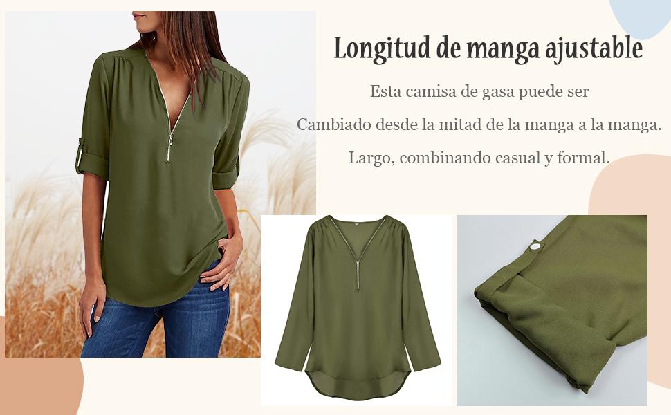 Tuopuda Mujer Blusas y Camisa Cuello V Camisetas Cremallera Gasa Blusas